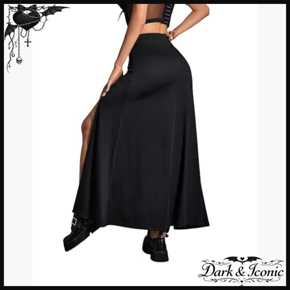 Stretchy High Waist Maxi Skirt with Double Slits Punk Gothic Style - Picture 5 of 7